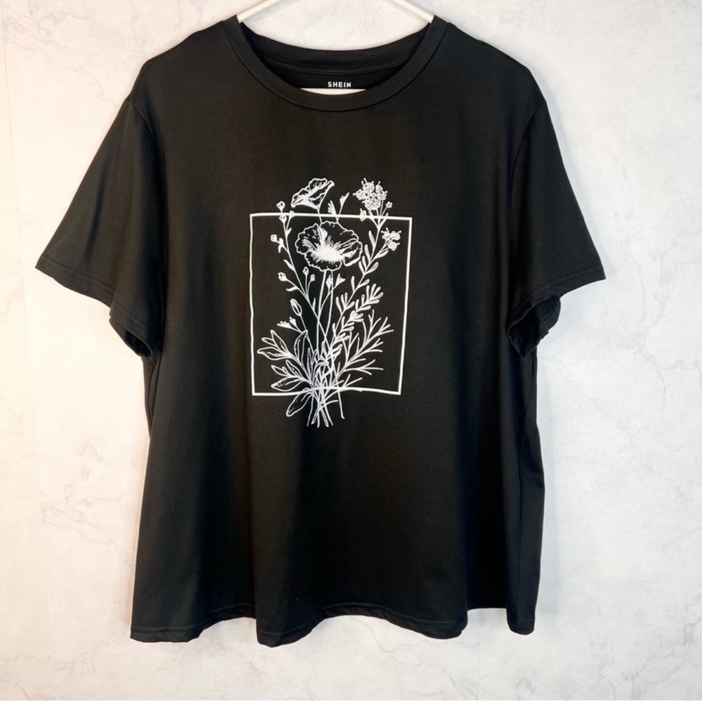 SHEIN Black T-Shirt with White Botanical Print